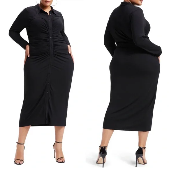 Good American Good Touch Button Front Ruched Midi Dress Black Size 3XL - Picture 11 of 12